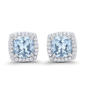 Halo Cushion Bridal Earrings Simulated Aquamarine CZ 925 Sterling Silver